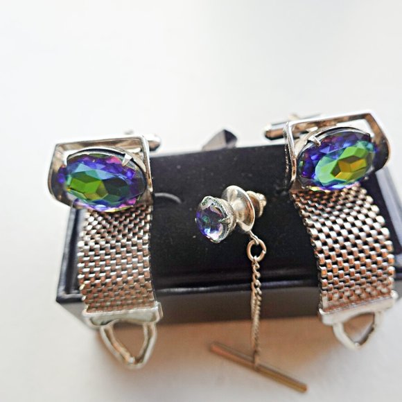 Blue Crystal  Rivoli Topaz Cufflinks and Tie Tack - Picture 1 of 3